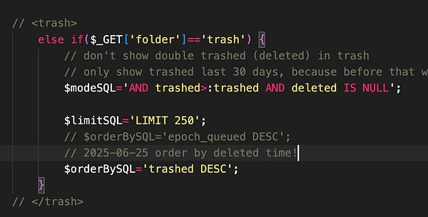 The image displays a code snippet related to managing a trash folder in a software application.
