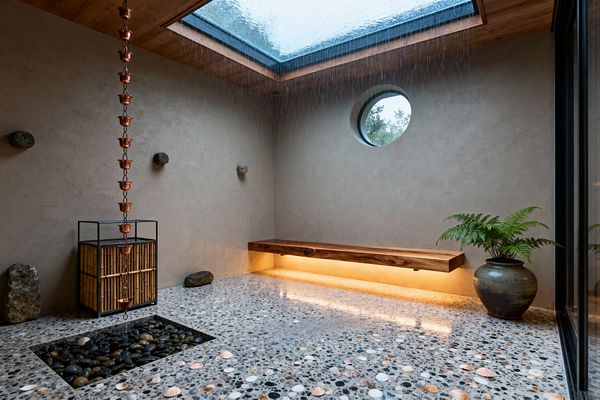 A minimalist Japanese-inspired mudroom with smooth beige plaster walls features a floating solid-wood bench illuminated by concealed LED lighting. A large skylight with a wood frame lets rain fall onto a copper rain chain that drains into a recessed basin filled with black river stones. The speckled terrazzo floor is inlaid with pebbles and shells. A round porthole window, bamboo panel in a black metal frame, stone peg hooks, a ceramic pot with a fern, and a black-framed glass wall complete the space.