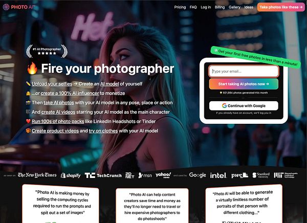 The image is a promotional webpage for Photo AI, showcasing its features and services.
