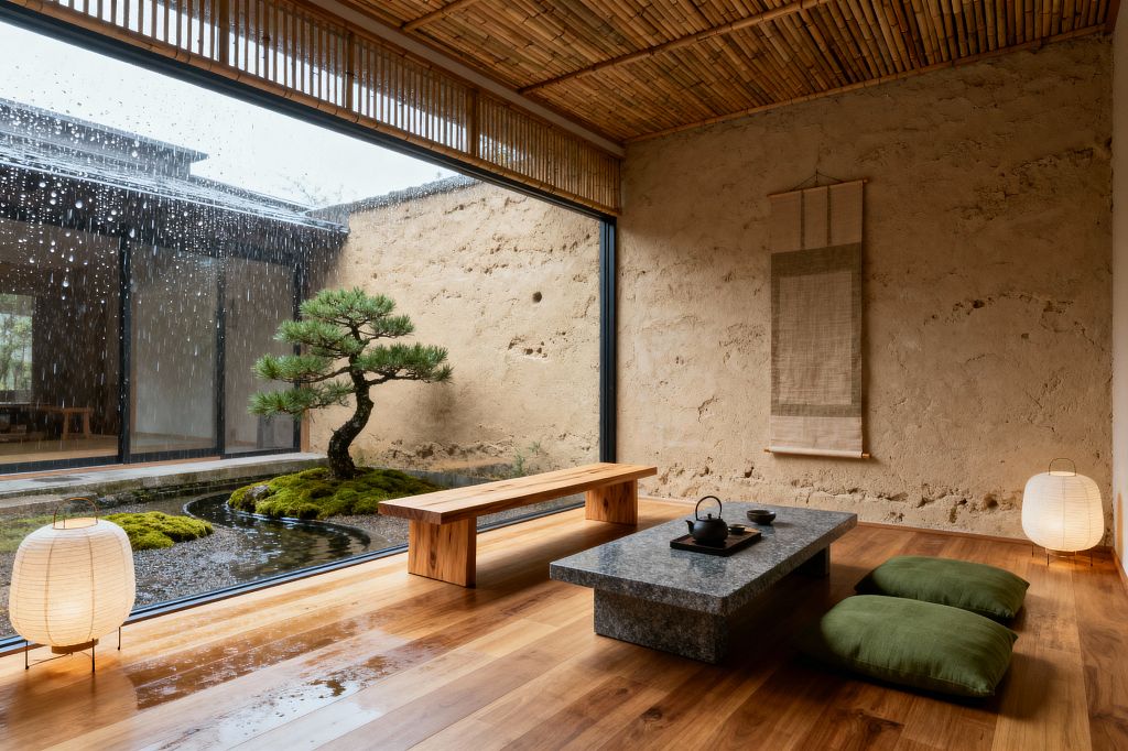 A minimalist Japanese living room features a low granite table set for tea, two moss-green floor cushions, and a pale wood bench on warm plank flooring. An earthen plaster wall with a linen scroll and twin washi-paper lanterns sits beneath a bamboo ceiling, while a full-height window opens to a rain-soaked courtyard garden with bonsai pine, moss islands, gravel, and a shallow reflecting pool.