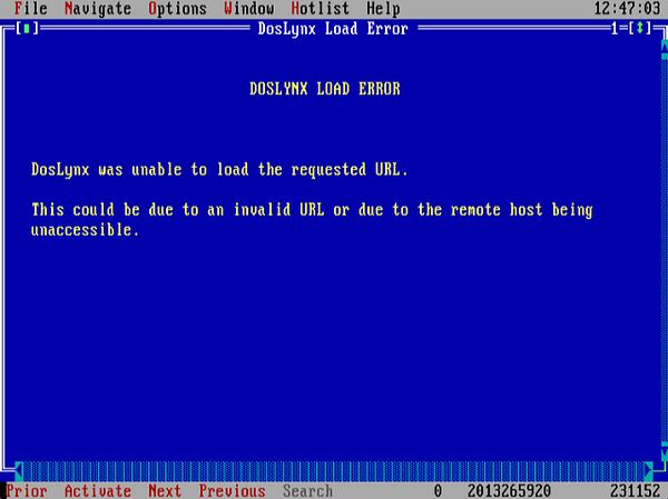 A DOS interface displaying a load error message from DosLynx.