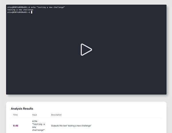 A terminal window displays a command execution and its output, along with a video player interface and analysis results.