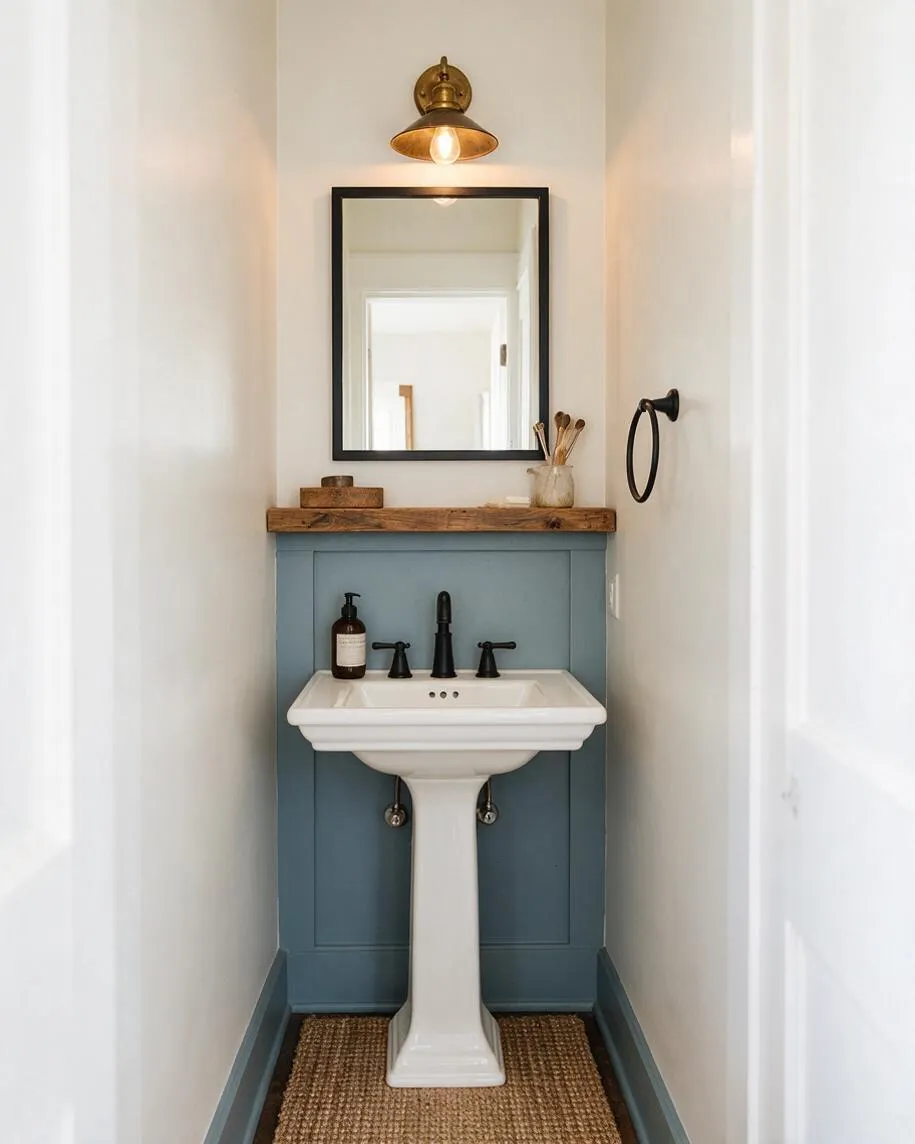A narrow farmhouse powder room with white walls, a blue-painted sink wall, and a white pedestal sink topped by a black faucet. Above the sink is a black-framed mirror and a brass wall sconce, with a rustic wood shelf beneath for soap and accessories. A woven natural fiber rug and black hardware complete the simple, warm look.