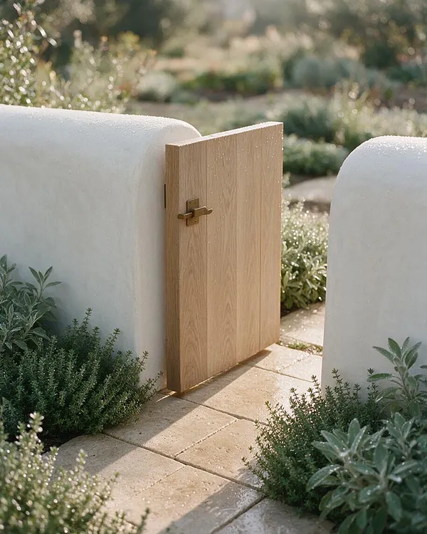 A small outdoor garden entry features a light oak gate set between smooth white plaster walls with rounded tops. Cream stone pavers lead through lush green plantings, creating a soft, natural Organic Modern landscape.