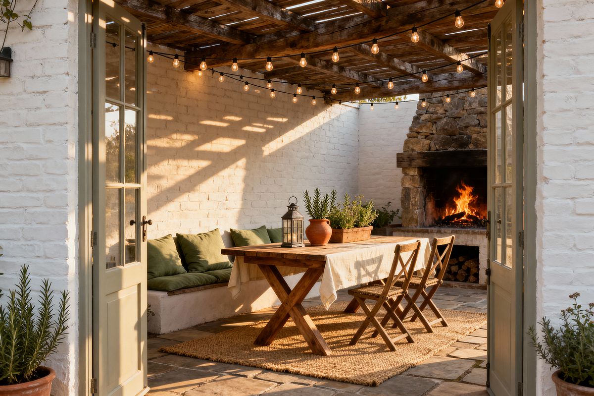 Room AI – Farmhouse Patio with Pergola and Stone Hearth - Interior