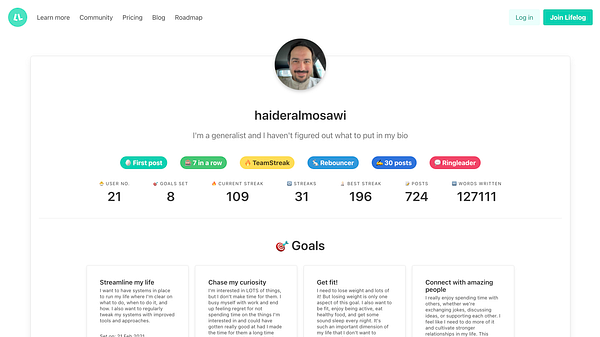 The image displays a user profile from the Lifelog platform, showcasing various statistics and personal goals.