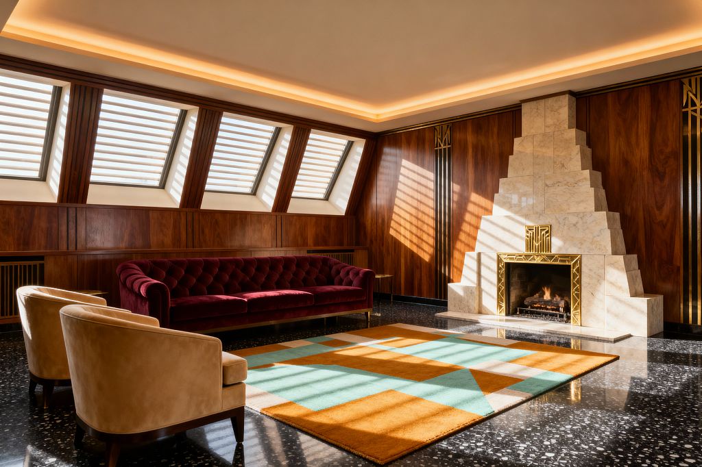A glamorous Art Deco living room features a stepped cream marble fireplace with brass detailing, framed by rich walnut wall paneling with gold inlays. A deep burgundy tufted velvet sofa and two camel velvet club chairs sit on black terrazzo floors around a geometric rug in burnt orange, mint, and beige; angled windows with louvered blinds and warm cove lighting cast dramatic shadows as a small brass side table and active fire complete the scene.