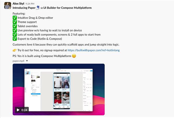 A promotional message introducing a UI builder for Compose Multiplatform, featuring a video demonstration.
