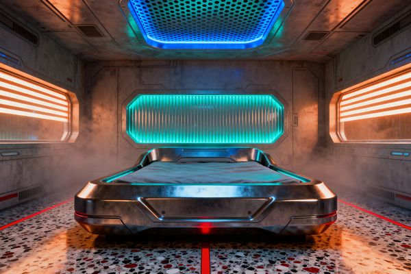 A compact, symmetrical cyberpunk bedroom shows a low metallic platform bed centered beneath a blue perforated ceiling light. Brushed steel walls frame a cyan-glowing ribbed polycarbonate panel behind the bed and twin orange horizontal light windows on each side, while a speckled terrazzo floor with red guide lines leads to the bed as low mist gathers at the edges, emphasizing reflective, industrial surfaces.