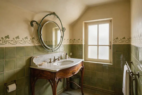 A vintage Art Nouveau bathroom with olive-green tiled walls, a decorative vine border, and a carved wooden vanity topped with white marble. An ornate oval mirror hangs above the sink, and a frosted window brings in soft daylight.