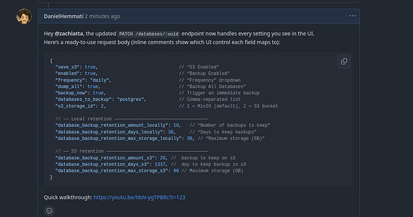 A code snippet detailing a PATCH request body for a database configuration.