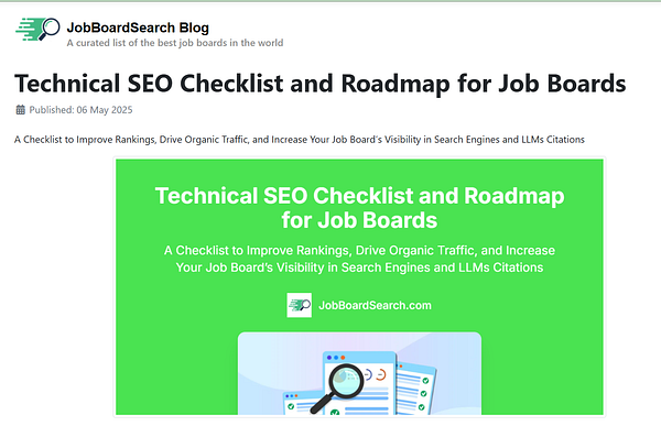 The image features a blog post titled 'Technical SEO Checklist and Roadmap for Job Boards'.