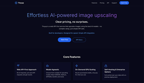 The image displays a promotional webpage for an AI-powered image upscaling service called Tinyup.
