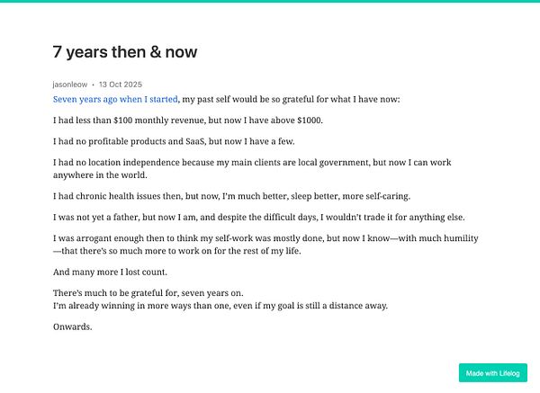 A reflective post detailing personal growth and achievements over seven years.