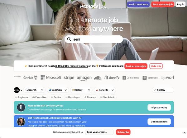 The image displays a webpage for RemoteOK, featuring a job search interface and a woman using a laptop.