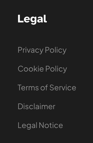A website footer section displaying various legal and other informational links under different categories.