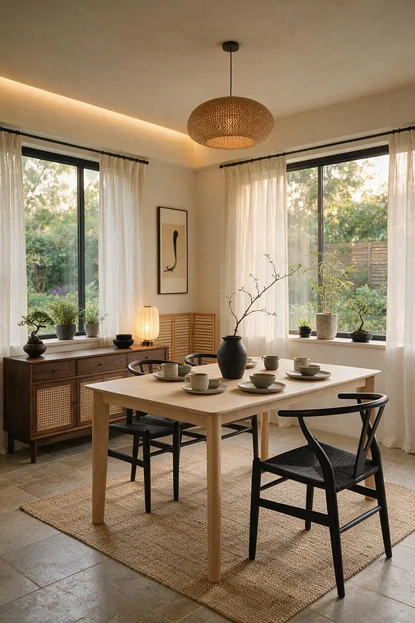 A serene sunroom dining space with a light wood table, black chairs, and a woven pendant light. Sheer white curtains frame large windows, while potted plants and natural textures create a calm Japandi atmosphere.