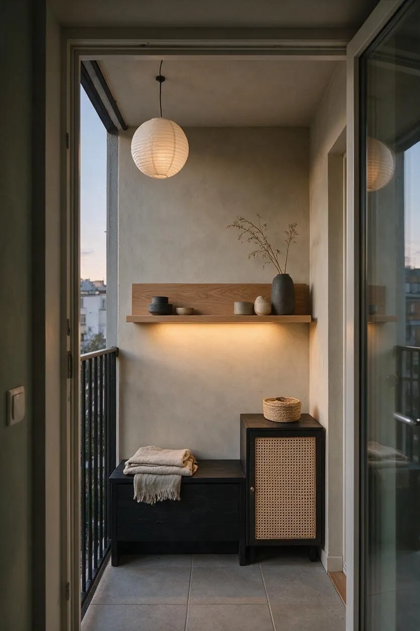 A narrow front porch styled in Japandi design with a warm paper lantern pendant, a floating wood shelf, and a black cabinet with a woven cane front. Soft neutral walls, gray floor tiles, and minimal decor create a calm, uncluttered entry space.