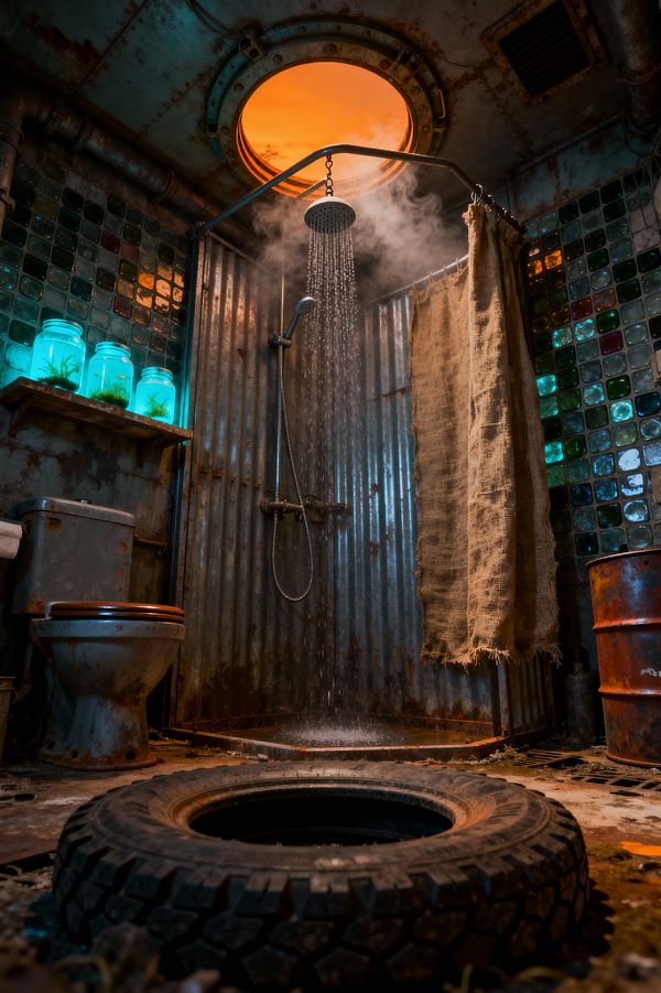 An atmospheric bathroom built from salvaged materials shows a corrugated steel shower with a round rain head steaming behind a frayed burlap curtain. An orange-glowing porthole skylight and teal-lit jars on a rusted shelf illuminate glass-block walls, a weathered toilet with a dark seat, a rusted drum, exposed pipes, and a rubber tire set into the rough floor, creating a gritty post-apocalyptic look with layered metal, concrete, and patina.