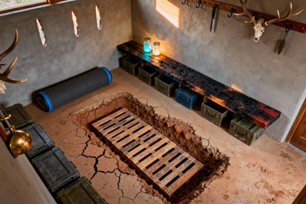 A bunker-like mudroom with rough gray plaster walls and narrow slit windows. The cracked clay floor frames a rectangular pit holding a wood pallet. Along one wall, a long charred plank bench sits above olive-drab metal ammo boxes. A wooden peg rail with black hooks displays a knife and a deer skull. Two glowing mason jars rest on the bench, and a rolled black mat sits nearby as warm sunlight cuts across the space.