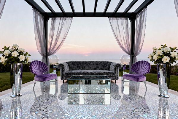 A seaside patio sits beneath a black pergola with sheer gray curtains. Centered is a charcoal velvet sofa with rolled arms, flanked by two amethyst shell-back chairs on chrome legs. A mirrored glass coffee table rests on an iridescent pebble mosaic floor. Tall chrome vases hold white roses, and globe lamps sit on mirrored plinths. Beyond the setting, a lawn leads to the ocean horizon at sunset, with reflections sparkling across the surfaces.