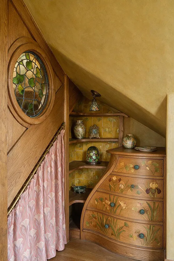 A compact Art Nouveau closet tucked beneath a sloped ceiling, featuring curved oak cabinetry with floral inlays, a round stained-glass window with green leaf motifs, and built-in open shelves. A pink patterned curtain hangs beside the storage area, and warm yellow tile and plaster surfaces create a cozy, handcrafted feel.