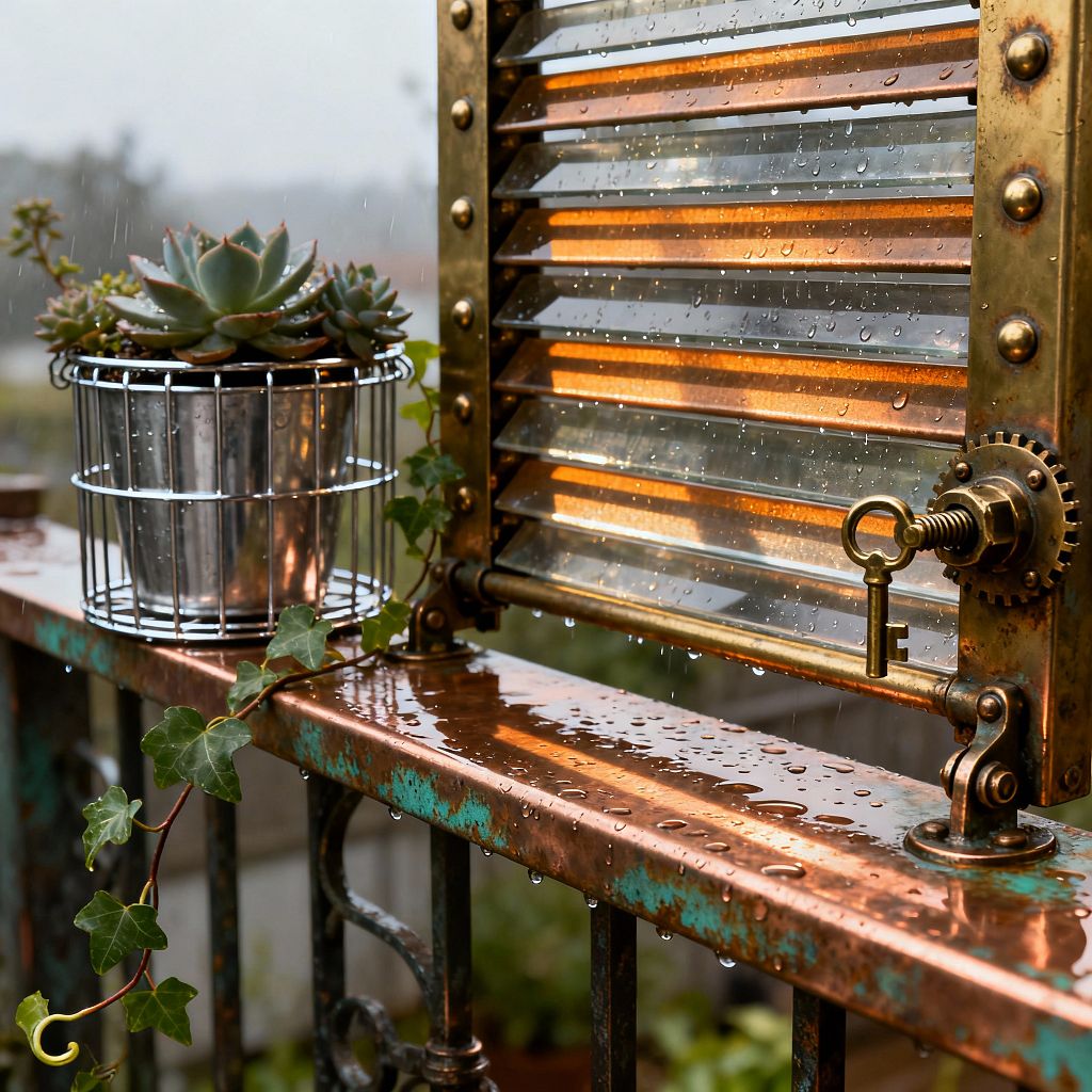 Close-up of a steampunk-inspired patio in the rain shows a brass-framed louver panel with rivets and a gear mechanism holding a key-shaped handle, with droplets on the glass slats. Beside it, a weathered copper railing with verdigris supports a galvanized wire planter of succulents while a trailing ivy climbs the rail, blending industrial metalwork and lush greenery for a moody outdoor scene with warm reflections and wet surfaces.