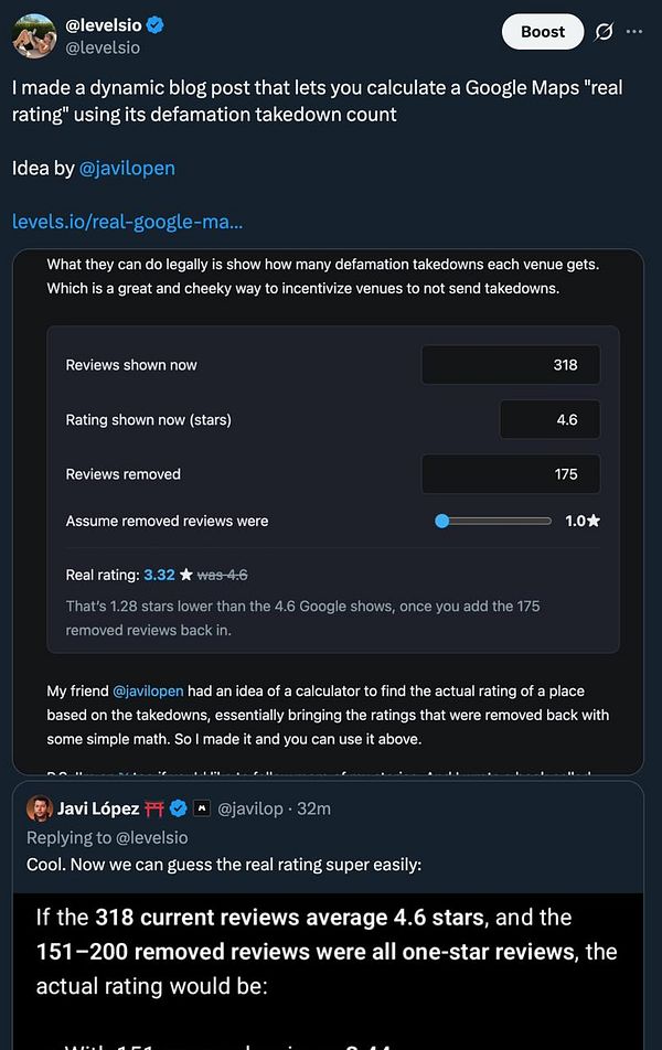 Screenshot of a Google Maps review with a calculated 'Real Rating' score indicating review authenticity.