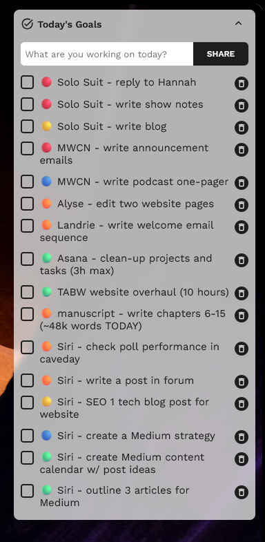 A detailed to-do list for freelance tasks organized by priority and status.