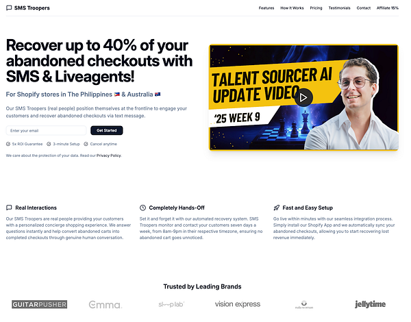 The image features a marketing page for SMS Troopers, promoting their services to recover abandoned checkouts for Shopify stores.