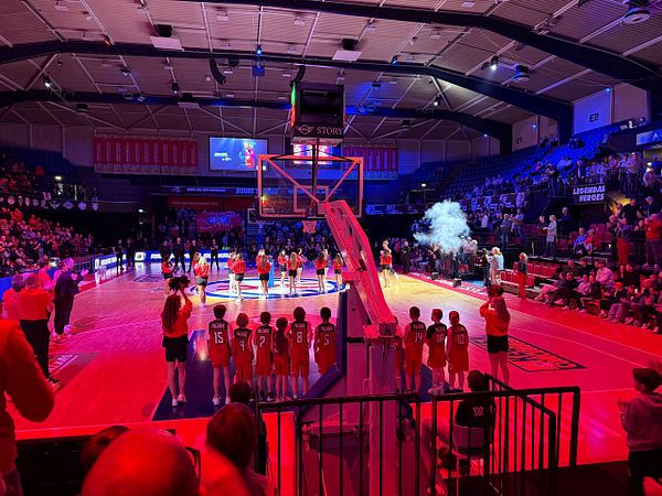 A vibrant basketball game atmosphere in Den Bosch with players and cheerleaders on the court.
