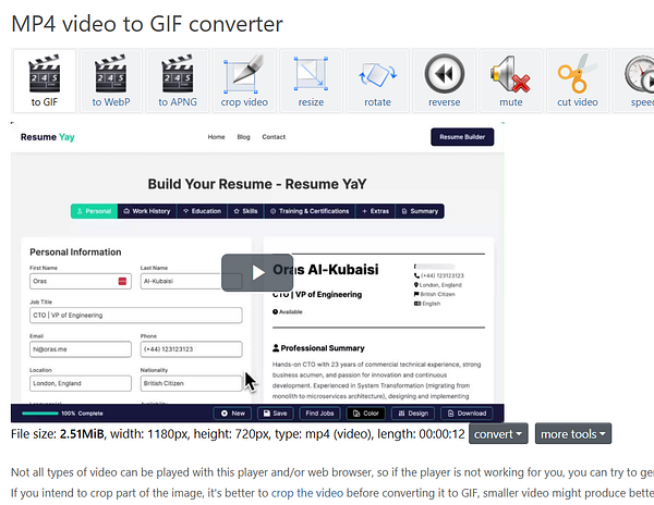 The image displays an MP4 video to GIF converter interface with a resume builder section.