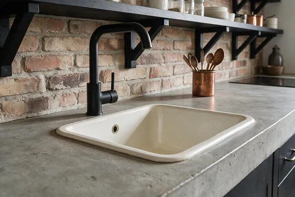 A kitchen vignette with a gray concrete countertop, a cream undermount sink, and a matte black faucet in front of an exposed brick backsplash. Black wall shelves with metal brackets hold stacked dishes and copper accents, creating a warm industrial look.