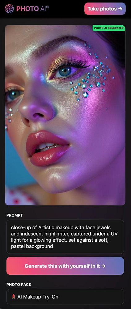 A close-up image of a model showcasing artistic makeup with face jewels and a glowing effect.