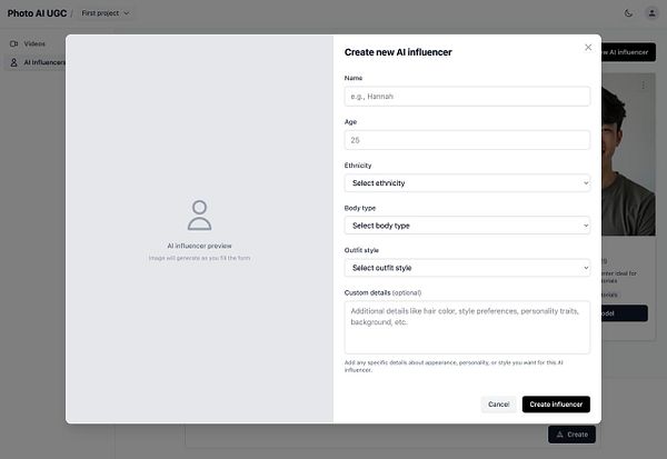 The image displays a user interface for creating a new AI influencer profile.