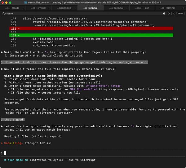 Screenshot of a code editor or terminal window showing Git commit history logs with hashes, authors, dates, and commit messages related to updating city cache refresh rates for #nomads.