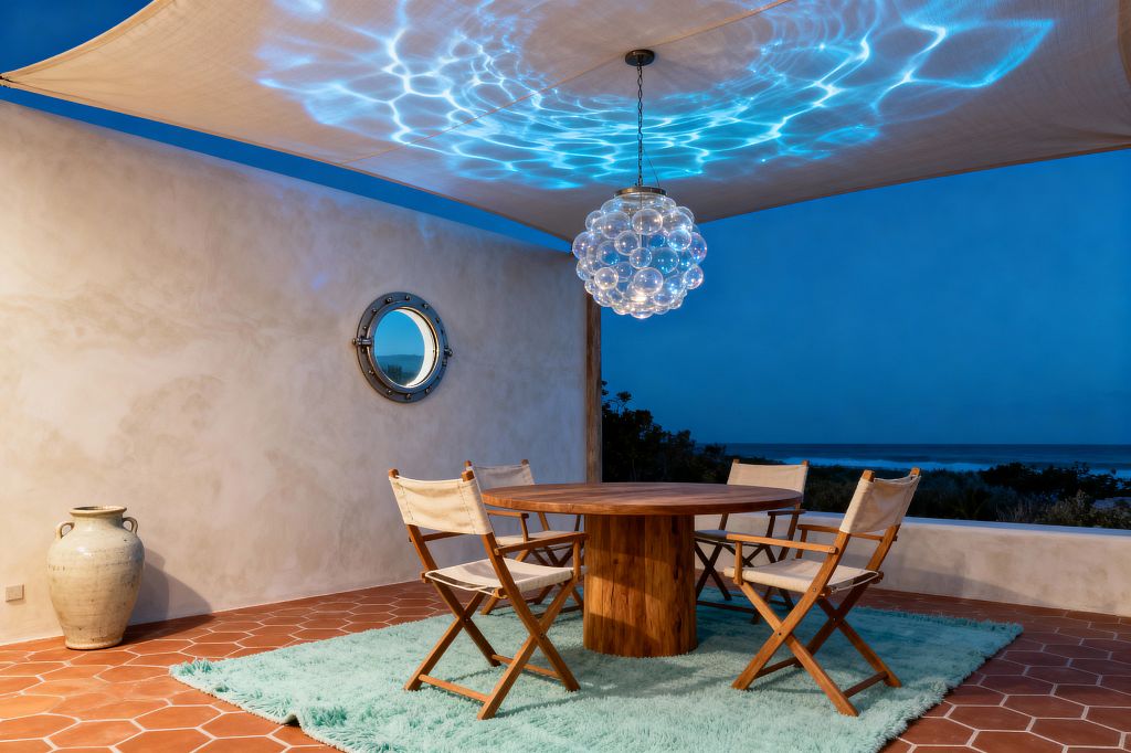 An open-air dining nook at dusk features a round wooden pedestal table with four canvas director’s chairs on a plush aqua rug over terracotta hexagon tiles. A bubble-glass chandelier hangs beneath a fabric canopy, casting watery blue reflections on the ceiling; a plastered wall with a metal-rimmed porthole window and a large ceramic jar sit to the side, with the ocean visible beyond a low parapet.
