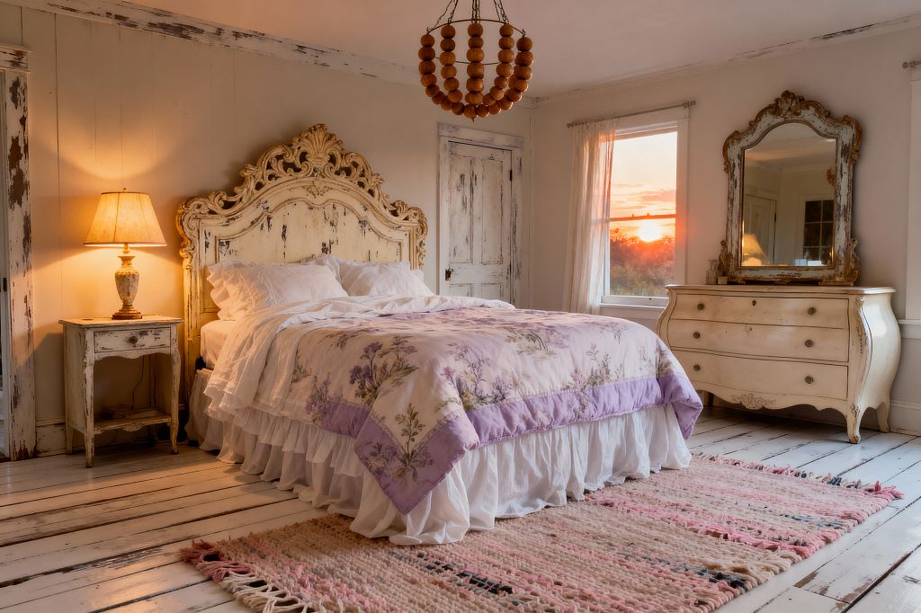 A Shabby Chic bedroom features an ornate, heavily distressed cream headboard behind a bed dressed in white pillows, a ruffled skirt, and a lavender floral quilt. A chippy nightstand with a glowing table lamp sits to the left, while a curvy cream bombe dresser with an antique mirror stands to the right. Whitewashed plank floors hold a blush woven rug, sheer curtains frame a sunset view, and a round wooden-bead chandelier hangs overhead.