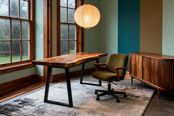 A Mid-Century Modern home office features a live-edge walnut desk on black steel trestle legs beside large wood-framed windows with rain outside. An olive green upholstered swivel chair with wooden arms faces the desk, while a curved walnut credenza with tambour-style doors lines the wall. Color-blocked paint in sage, teal, and olive adds depth, a round paper lantern provides warm light, and a gray patterned rug softens the polished concrete floor.