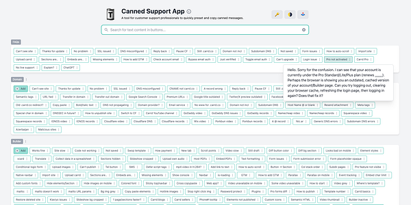 The image displays a user interface for the Canned Support App, featuring various FAQs and domain-related options.