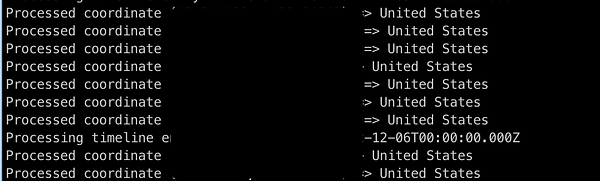 A terminal window displaying processed data from Google Maps timeline export.