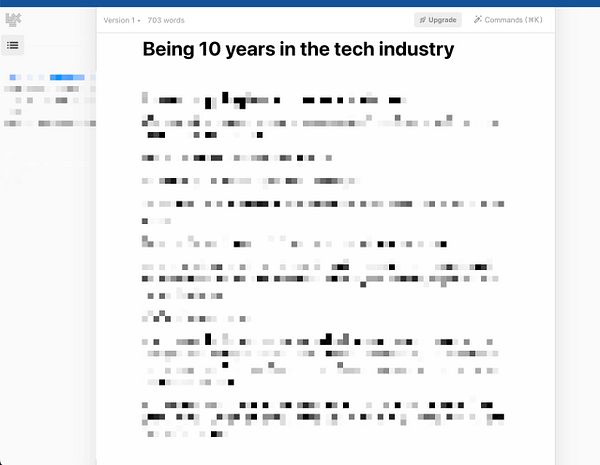 A document draft titled 'Being 10 years in the tech industry' is displayed on a digital interface.