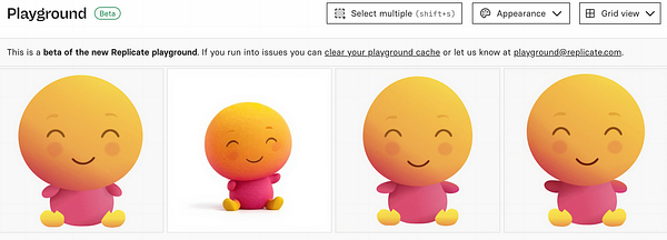The image displays a beta interface of the Replicate playground featuring a series of cartoonish character portraits.