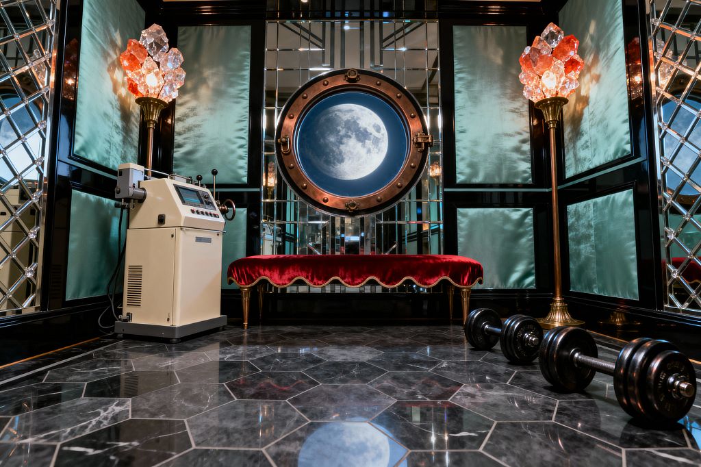 A glamorous home gym with black lacquer paneling and aqua satin insets is wrapped in diamond-beveled mirrored walls. Centered on the back wall is a round brass porthole window showing a moon image. Below sits a scalloped red velvet bench on slender gold legs, flanked by brass floor lamps topped with faceted crystal clusters. A cream exercise machine stands to the left and black dumbbells rest on dark gray marble hexagon tiles.