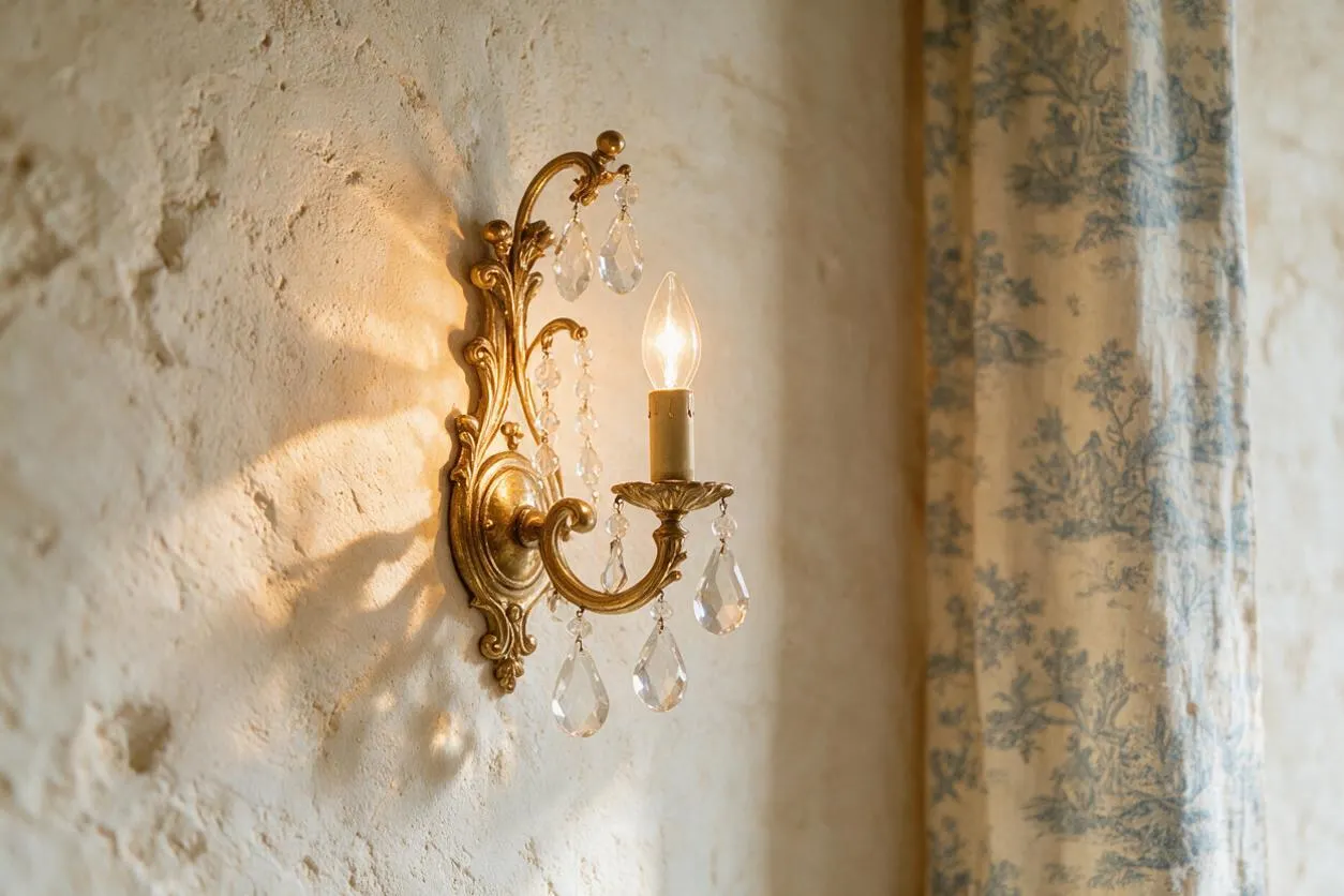 A French Country wall sconce in gilt metal is mounted on a textured plaster wall, with a candle-style bulb and dangling crystal prisms. A soft toile curtain in muted blue and cream hangs beside it, adding a traditional country touch.