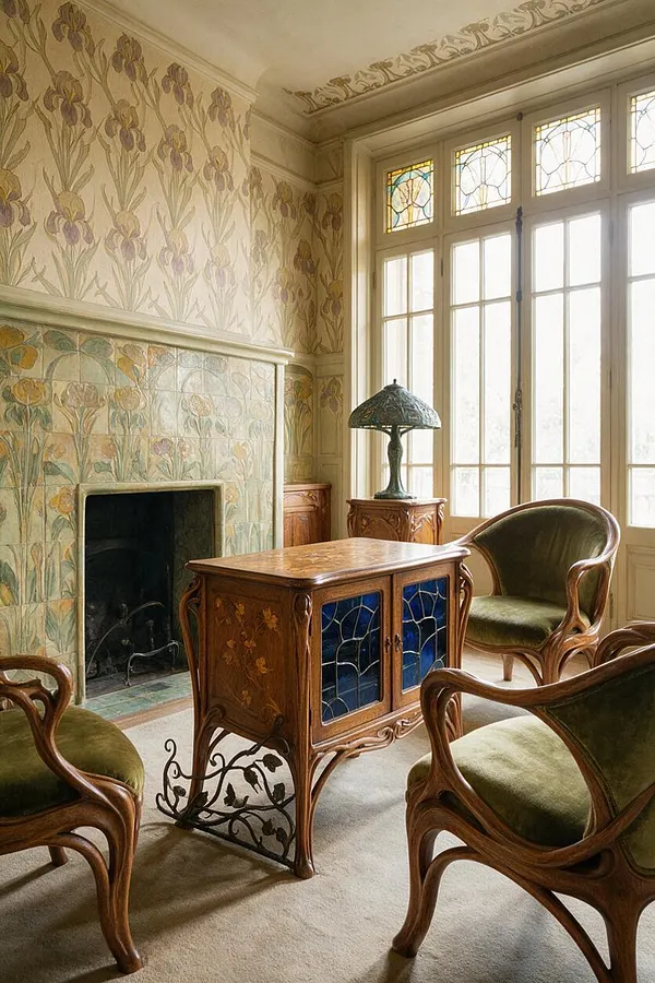 An Art Nouveau media room with floral wallpaper, a tiled fireplace, and tall windows with stained glass transoms. The room features curved wooden armchairs with green velvet cushions, a carved wood cabinet with blue glass panels, and a decorative table lamp on a wood side table.