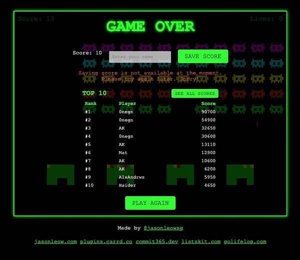 The image displays a 'Game Over' screen from a retro-style video game with a score submission interface.