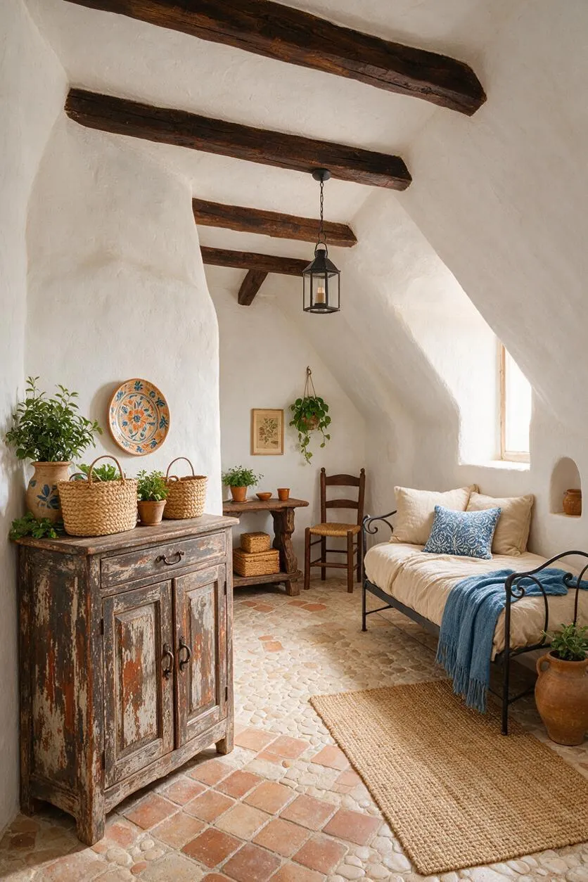 A cozy Mediterranean-style guest bedroom with white plaster walls, dark exposed ceiling beams, and a black lantern pendant. The room includes a wrought-iron daybed with cream bedding, blue accents, rustic wood furniture, woven baskets, terracotta pots, and a tiled stone floor.
