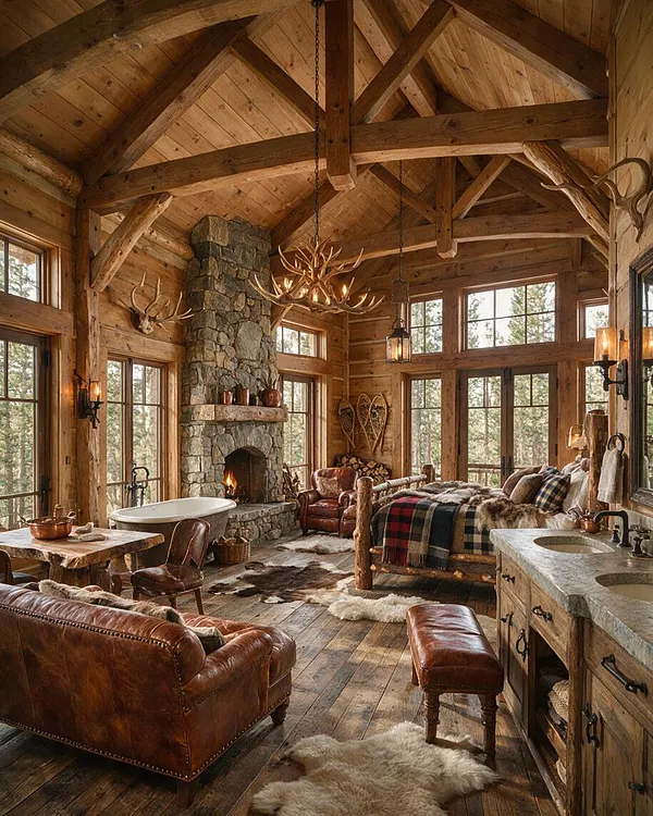 A spacious rustic master bathroom with exposed timber beams, wood-paneled walls and ceiling, and a large stone fireplace as the focal point. The room includes a freestanding bathtub, leather seating, a double vanity with stone countertop, and oversized windows overlooking the outdoors.