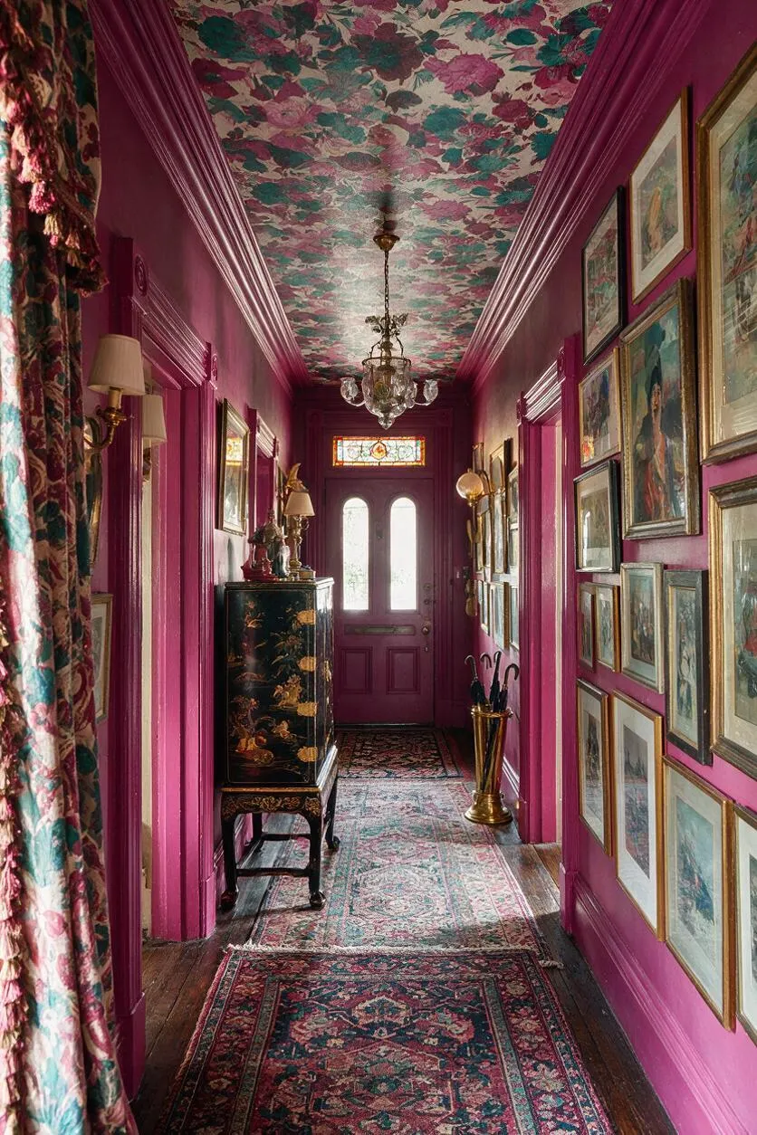 A narrow entryway filled with maximalist pattern and color, featuring magenta walls, a floral-print ceiling, layered Persian-style runners, and a crystal chandelier. Framed artwork covers the right wall, while a black lacquer cabinet and brass umbrella stand add ornate vintage detail near the front door.